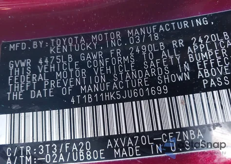 2018 Toyota Camry Le from USA, damaged, VIN 4T1B11HK5JU601699